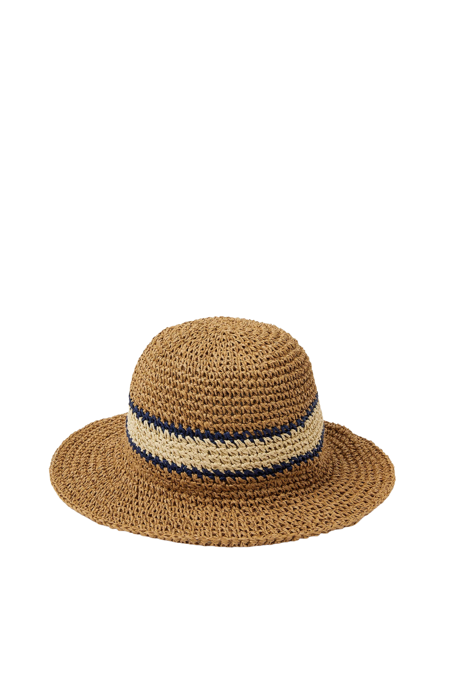 Woven Straw Hat with Wide Brim, Natural Brown and Blue Band