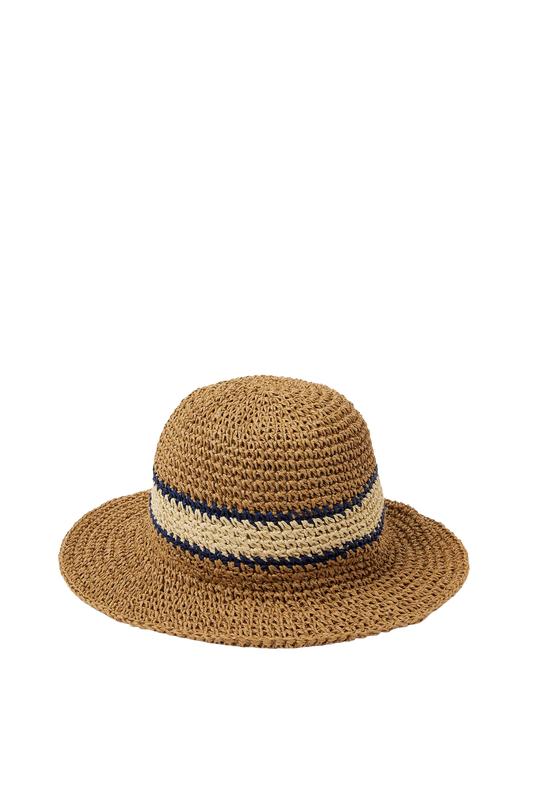 Woven Straw Hat with Wide Brim, Natural Brown and Blue Band