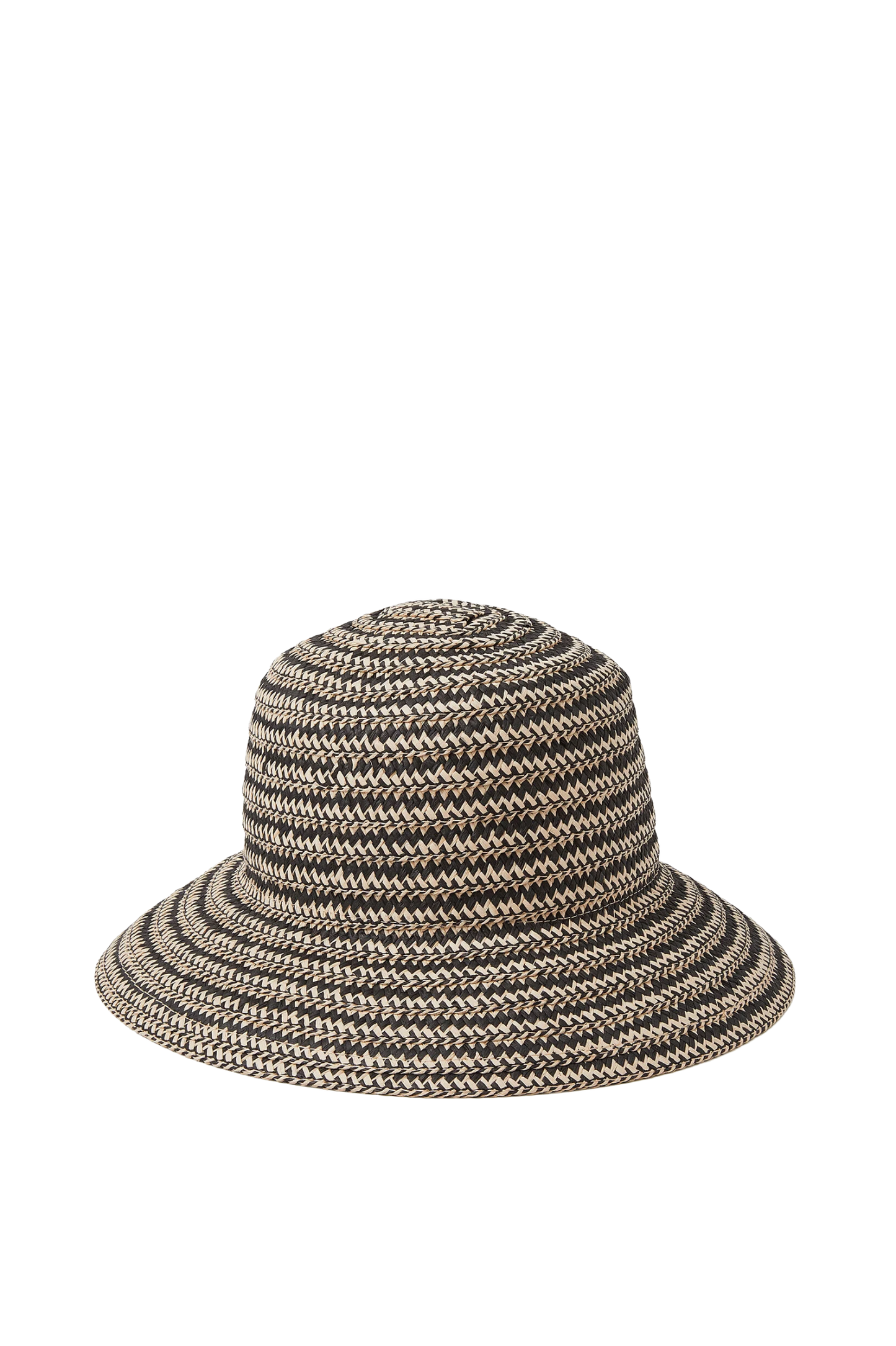 Woven Straw Bucket Hat with Wide Brim, Black and Beige Pattern