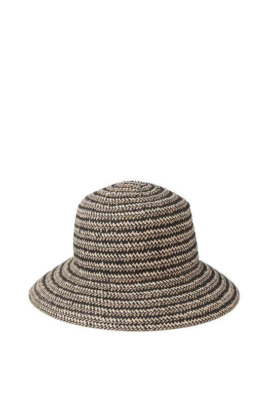 Woven Straw Bucket Hat with Wide Brim, Black and Beige Pattern
