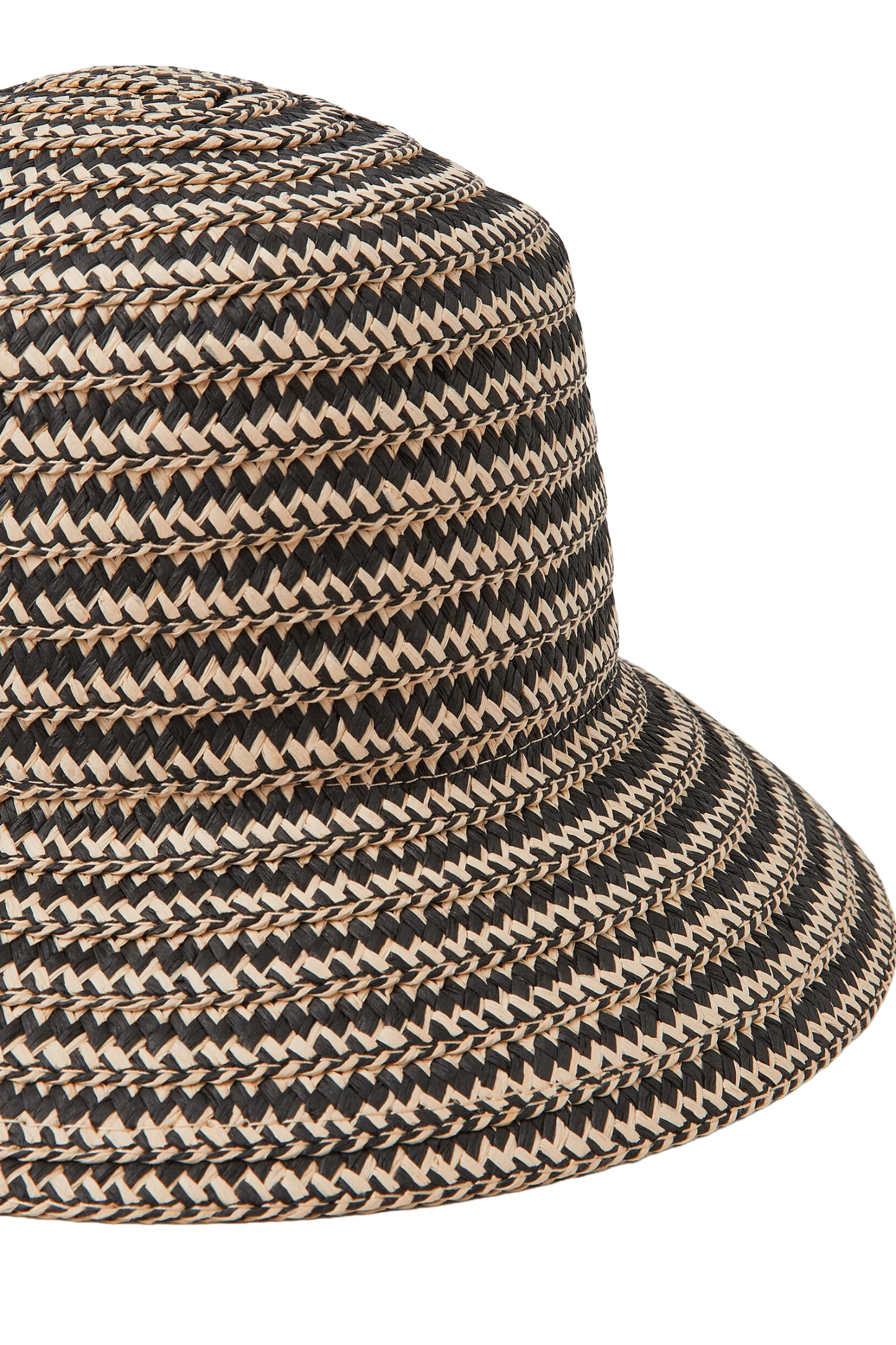 Woven Straw Bucket Hat with Wide Brim, Black and Beige Pattern